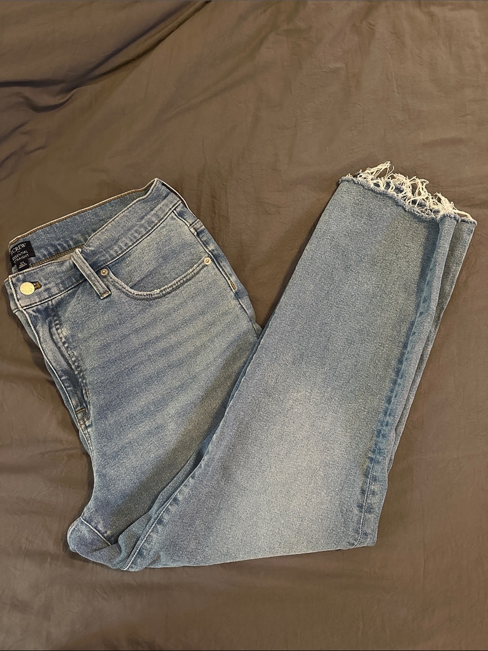 J. Crew Essential Straight Light Wash High-Rise Ankle Jeans with Frayed Hem